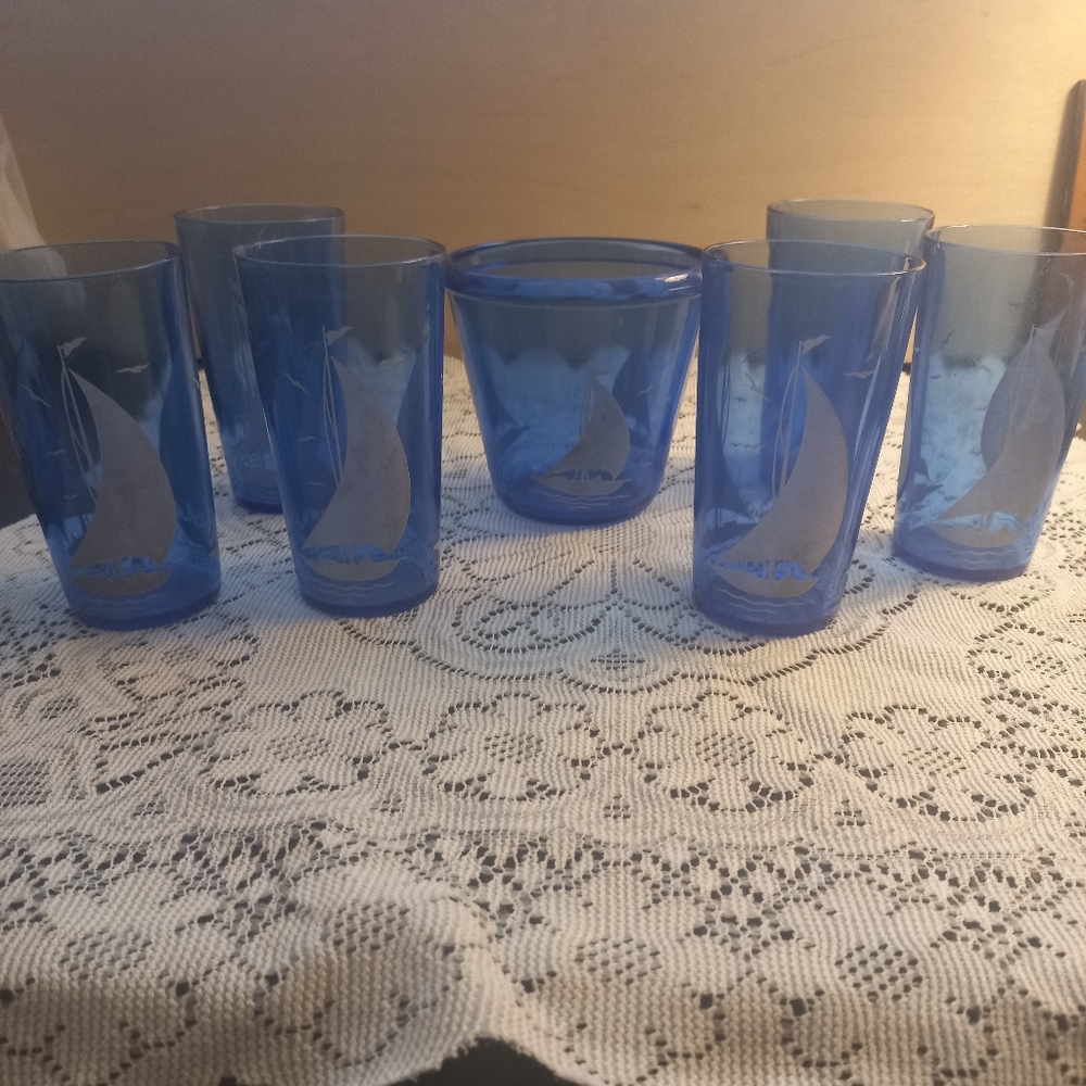 Vintage Hazel Atlas Cobalt Blue Ships Ice Pail & 6 Glasses Nautical/Coastal READ